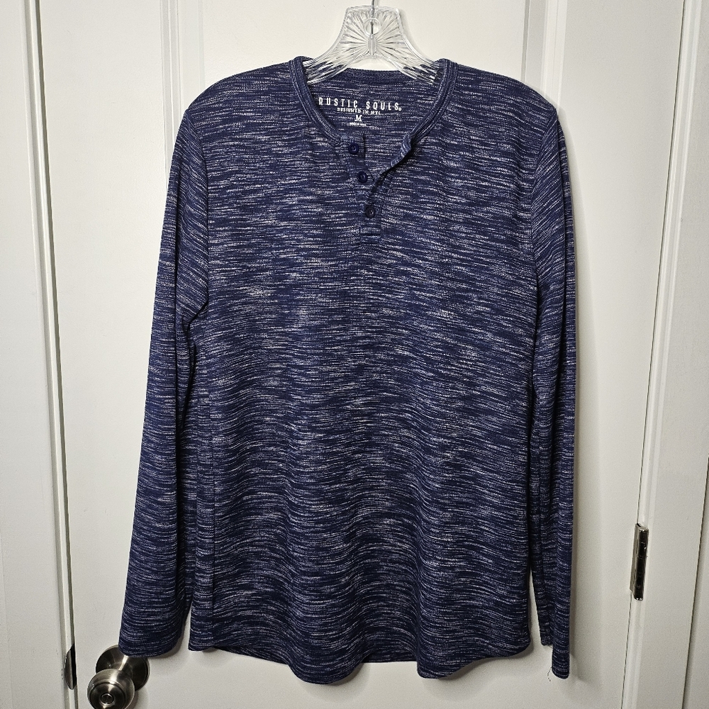 Rustic Souls Heather Blue Henley Shirt Mens Medium Long Sleeve Casual Knit Top - Picture 2 of 8